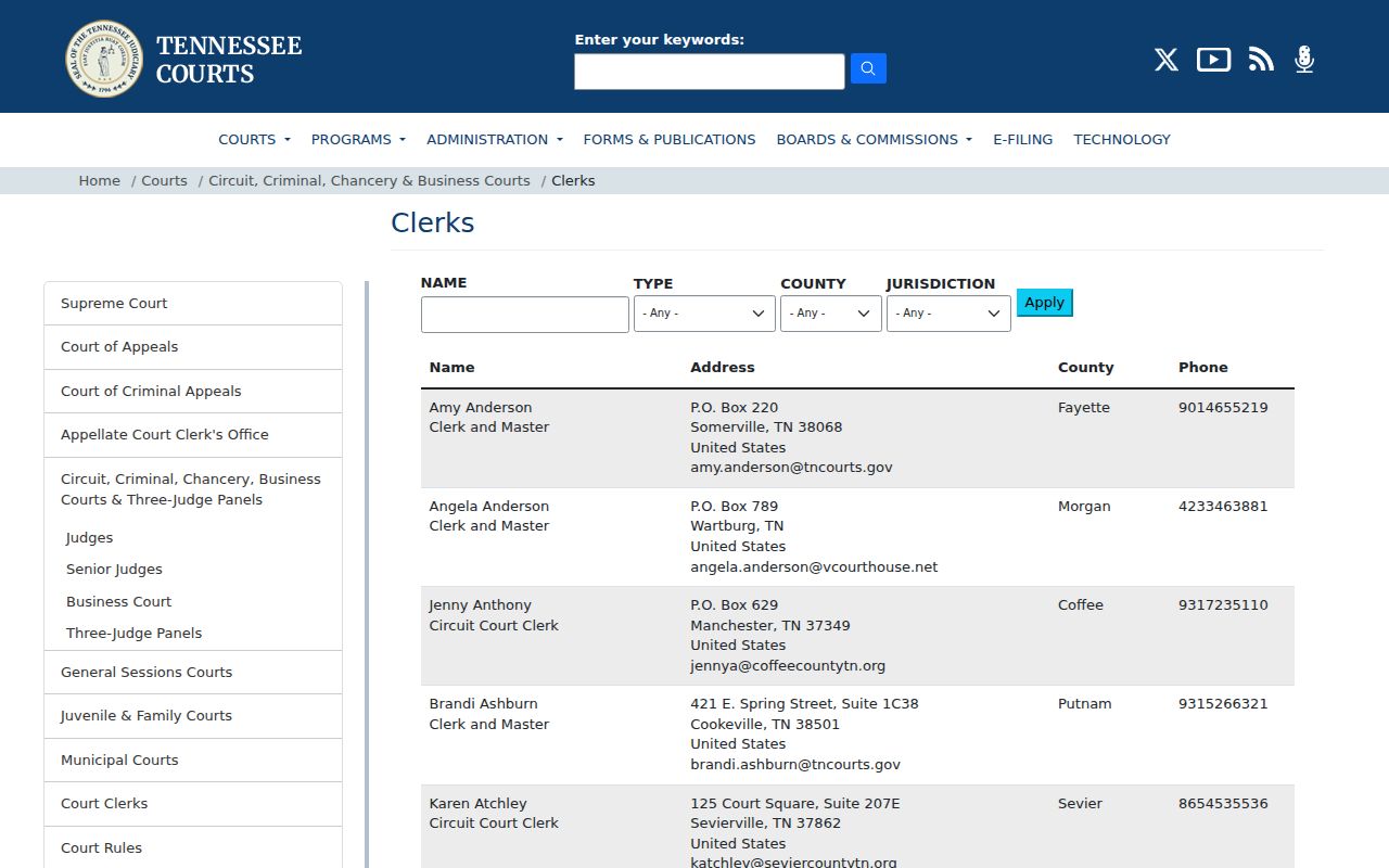 Tennessee clerk directory for Haywood County Jail release records