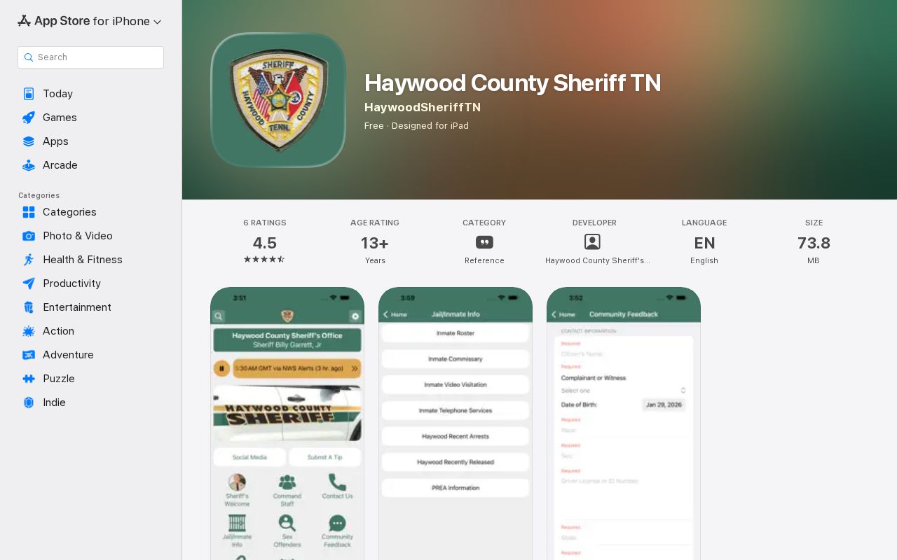 Official Haywood County Sheriff app listing for possible release mugshot access