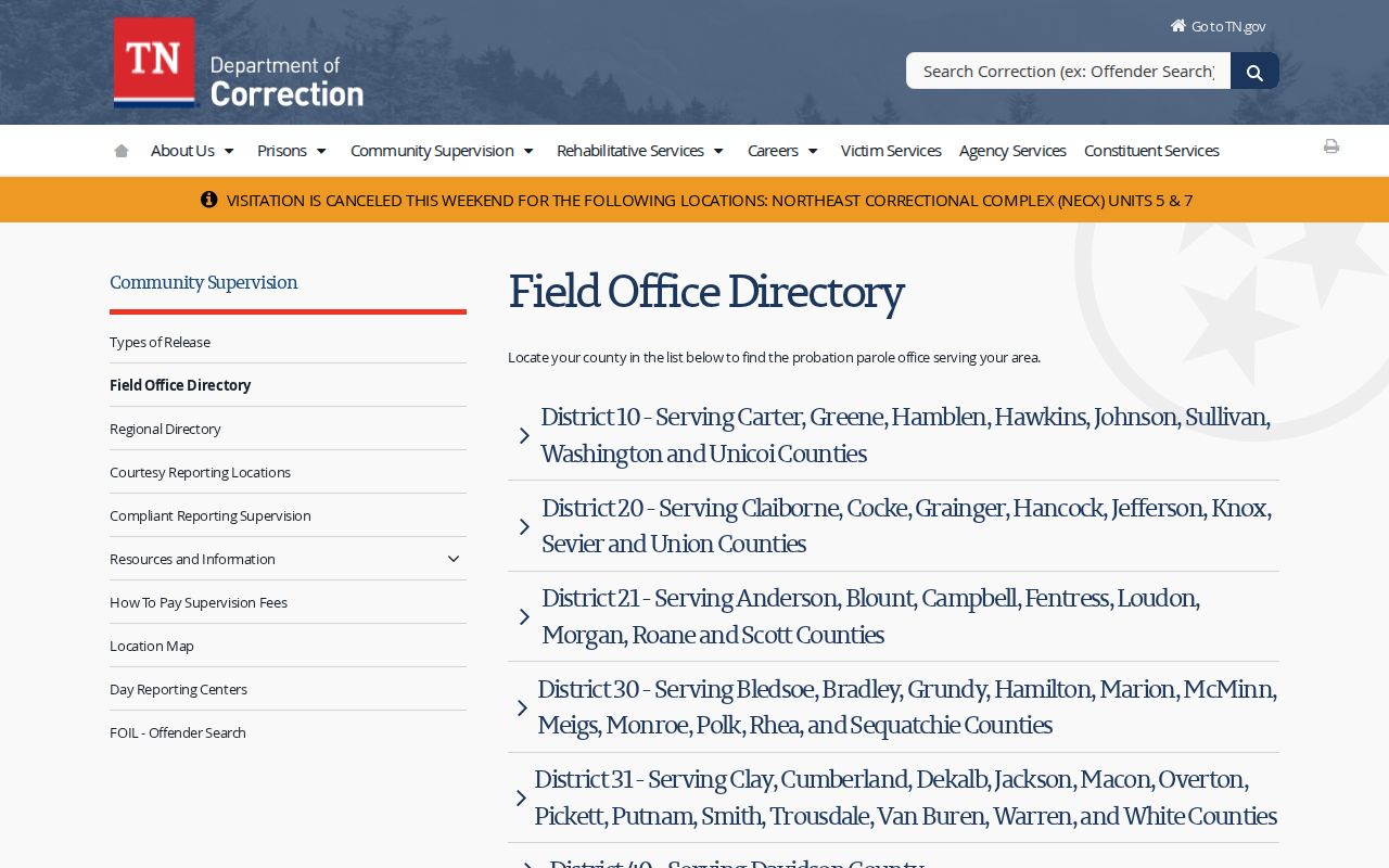 Haywood County parole and probation TDOC field office directory